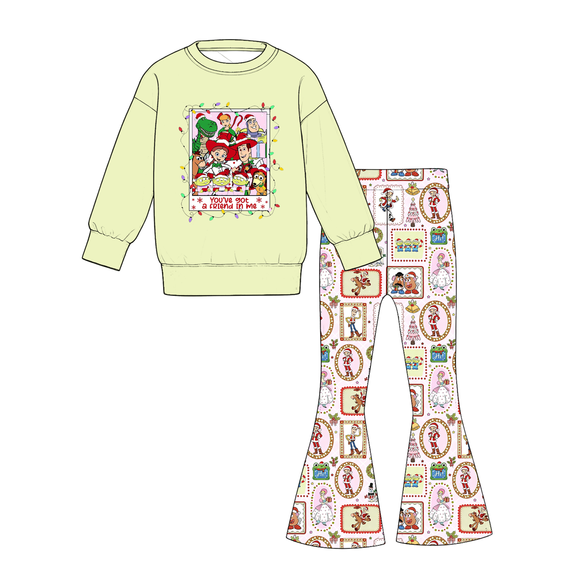 Girls Christmas Printed Sweatshirt & Flare Pants Set – Holiday Long Sleeve Two-Piece Outfit