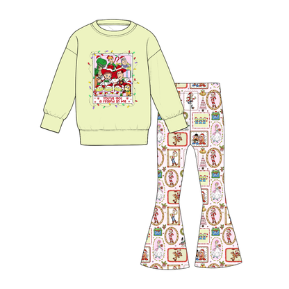 Girls Christmas Printed Sweatshirt & Flare Pants Set – Holiday Long Sleeve Two-Piece Outfit