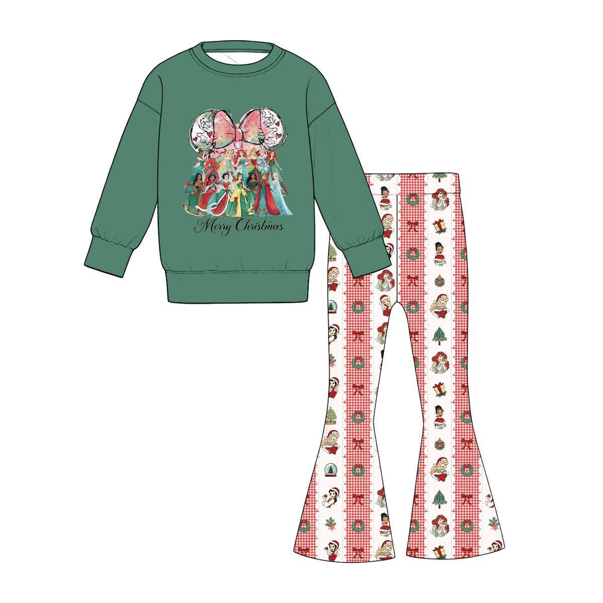 Girls Christmas Printed Sweatshirt & Flare Pants Set – Holiday Long Sleeve Two-Piece Outfit