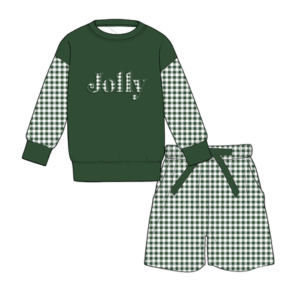 Christmas Girls Long Sleeve Sweatshirt & Printed Shorts Set – Holiday Holly Jolly Merry Plaid Outfit