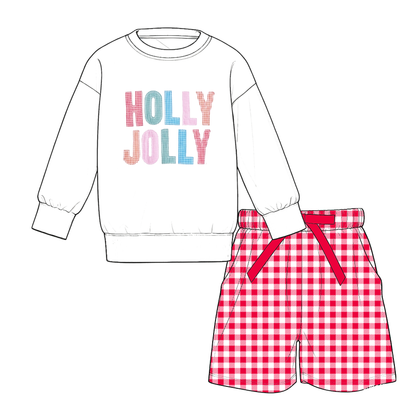 Christmas Girls Long Sleeve Sweatshirt & Printed Shorts Set – Holiday Holly Jolly Merry Plaid Outfit