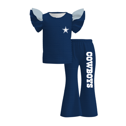 Girls Game Day Football Two-Piece Outfit – Ruffle Top & Flare Pants Set