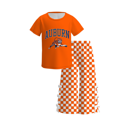 Girls Game Day Football Two-Piece Outfit – Ruffle Top & Flare Pants Set