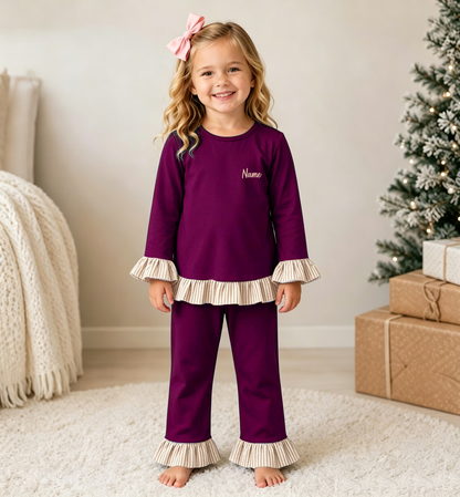 Personalized Girls Fall Winter Ruffle Pants Set – Custom Name Embroidery Long Sleeve Outfit