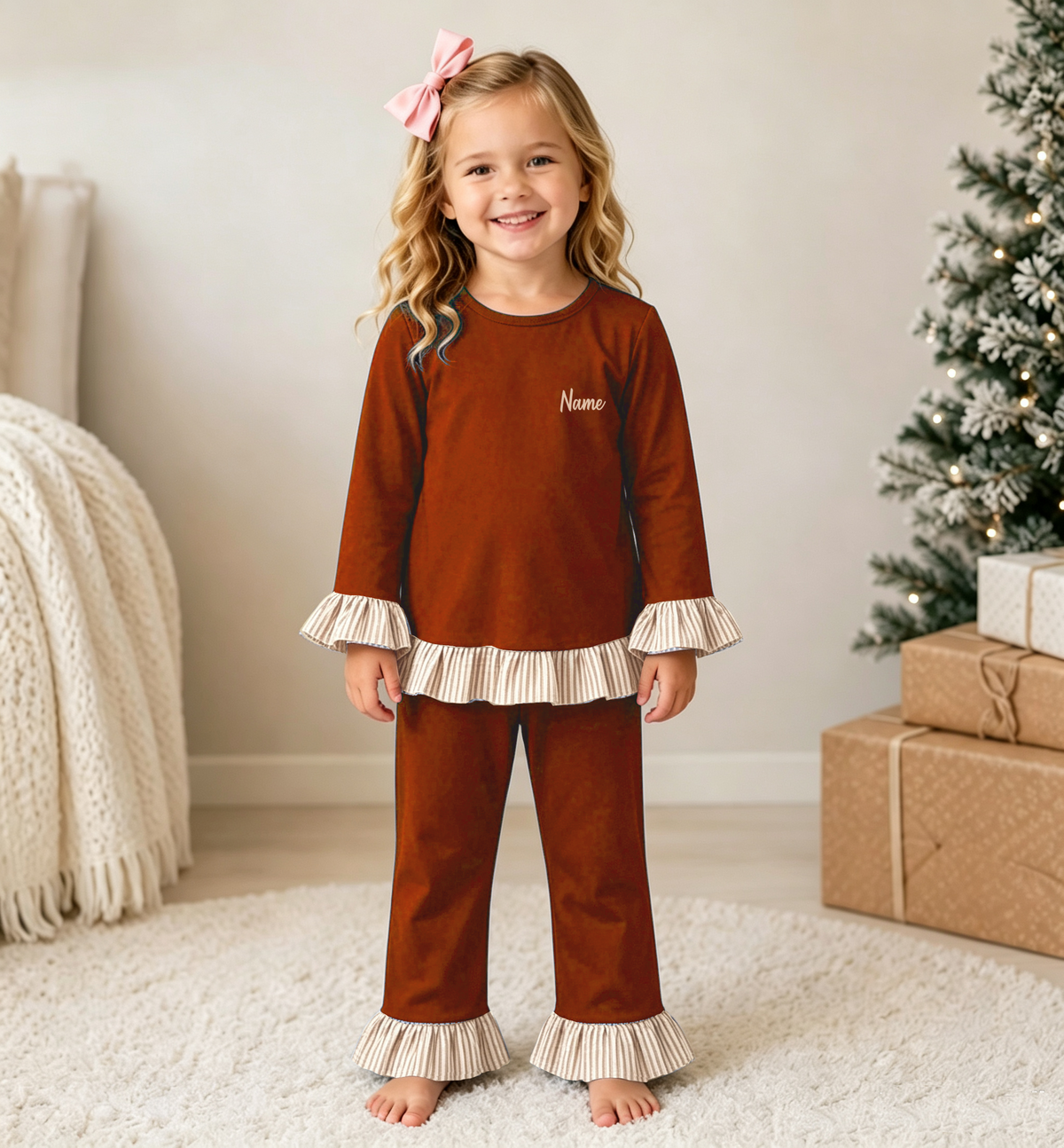 Personalized Girls Fall Winter Ruffle Pants Set – Custom Name Embroidery Long Sleeve Outfit