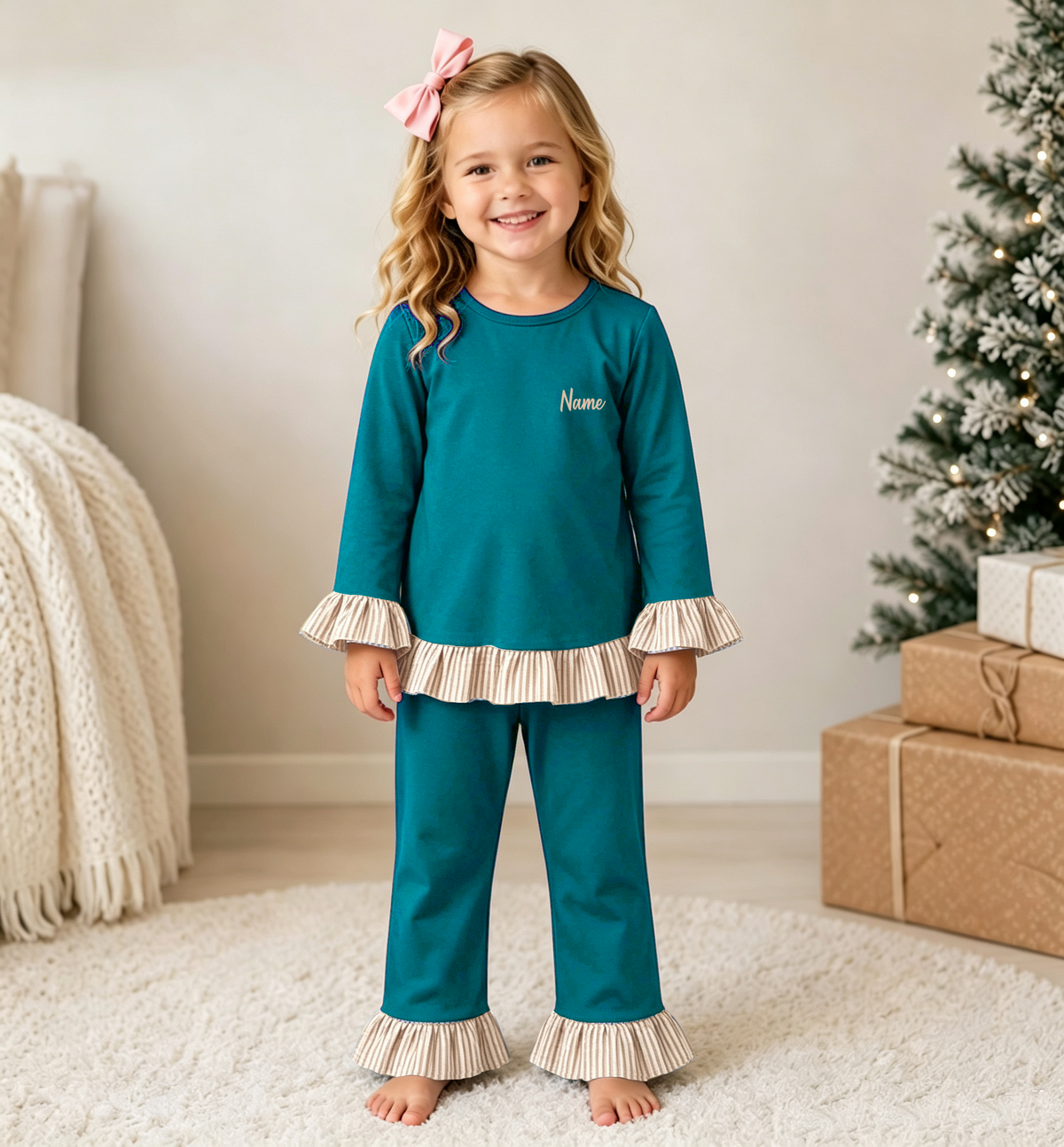 Personalized Girls Fall Winter Ruffle Pants Set – Custom Name Embroidery Long Sleeve Outfit