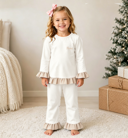 Personalized Girls Fall Winter Ruffle Pants Set – Custom Name Embroidery Long Sleeve Outfit
