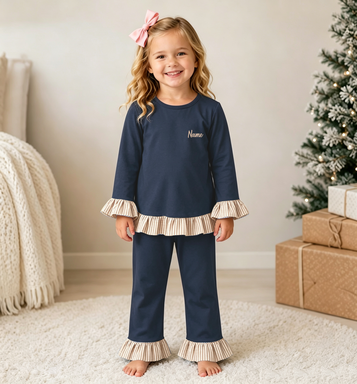 Personalized Girls Fall Winter Ruffle Pants Set – Custom Name Embroidery Long Sleeve Outfit