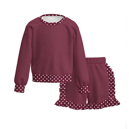 Girls Fall Winter Polka Dot Ruffle Shorts Set – Long Sleeve Sweatshirt & Ruffle Bottom Outfit