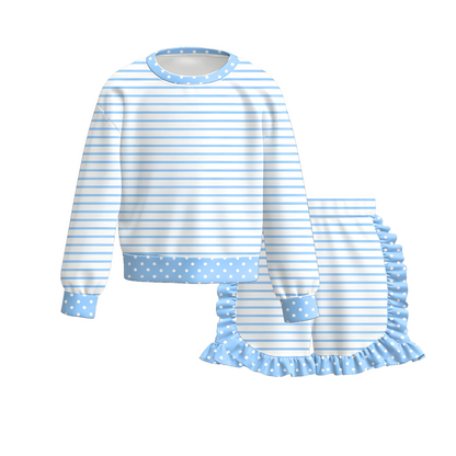 Girls Striped Ruffle Shorts Set – Long Sleeve Polka Dot Trim Top & Matching Boutique Outfit