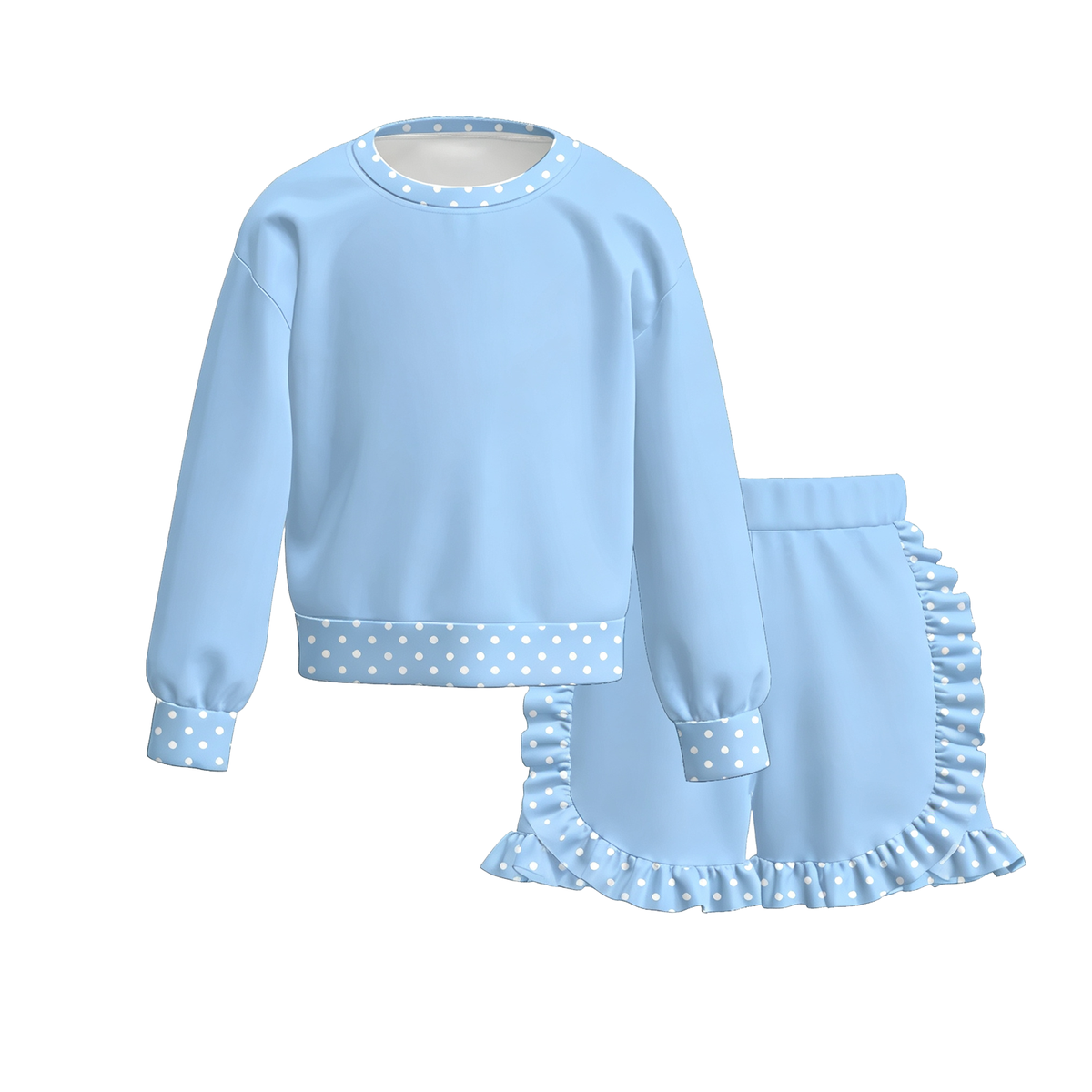 Girls Fall Winter Polka Dot Ruffle Shorts Set – Long Sleeve Sweatshirt & Ruffle Bottom Outfit