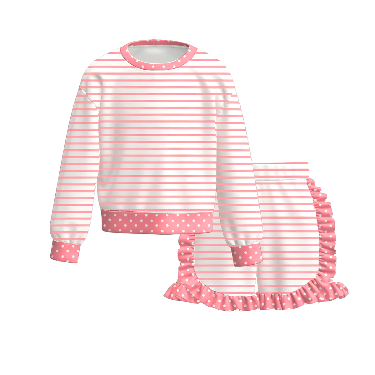 Girls Striped Ruffle Shorts Set – Long Sleeve Polka Dot Trim Top & Matching Boutique Outfit