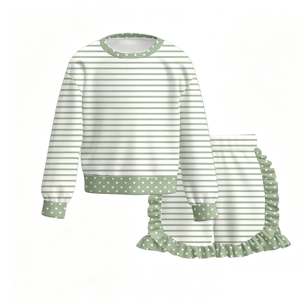 Girls Striped Ruffle Shorts Set – Long Sleeve Polka Dot Trim Top & Matching Boutique Outfit