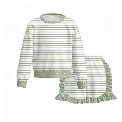 Girls Striped Ruffle Shorts Set – Long Sleeve Polka Dot Trim Top & Matching Boutique Outfit