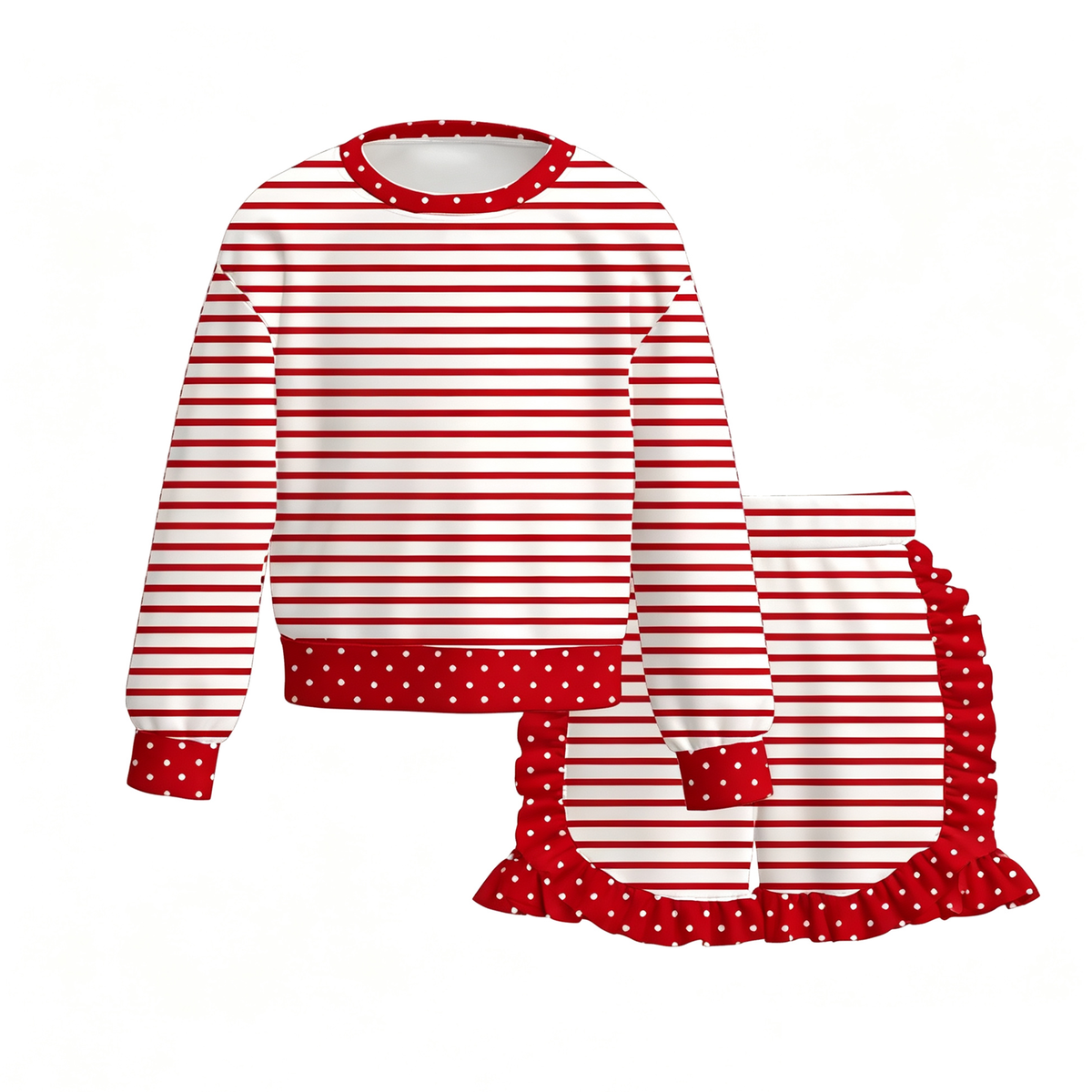 Girls Striped Ruffle Shorts Set – Long Sleeve Polka Dot Trim Top & Matching Boutique Outfit