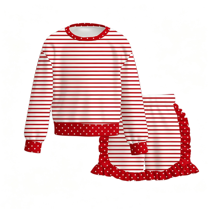 Girls Striped Ruffle Shorts Set – Long Sleeve Polka Dot Trim Top & Matching Boutique Outfit