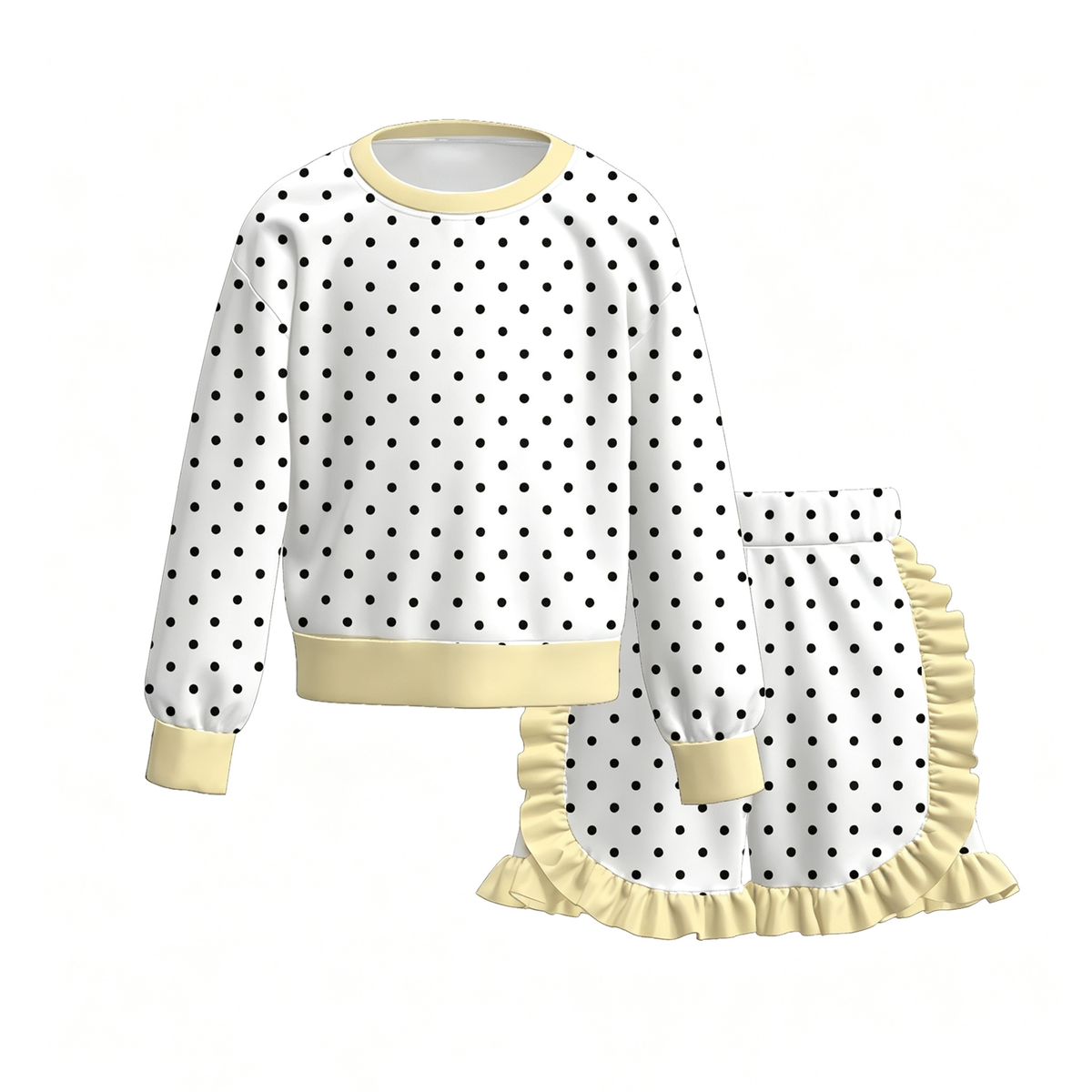 Girls Fall Winter Polka Dot Ruffle Shorts Set – Long Sleeve Sweatshirt & Ruffle Bottom Outfit