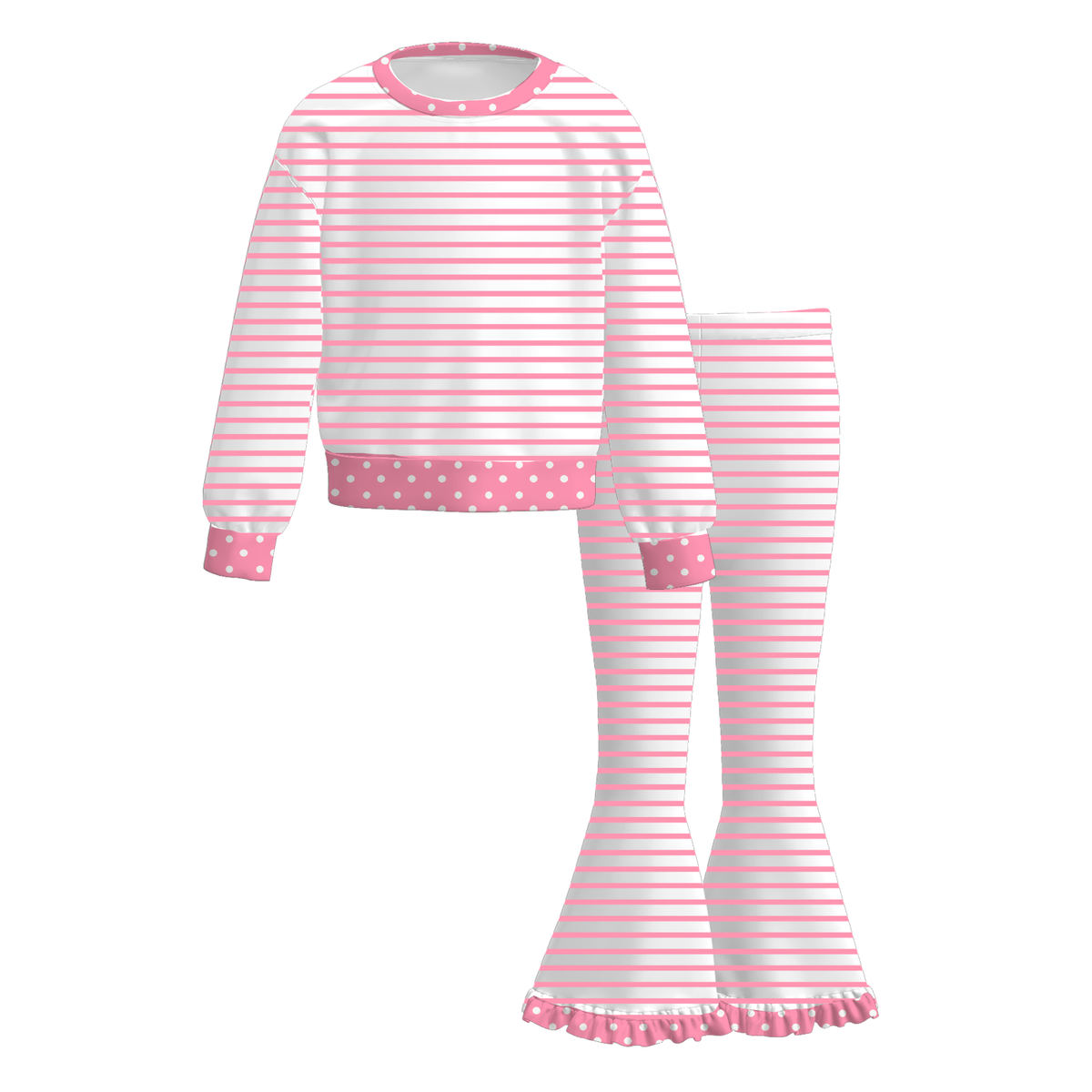 Girls Fall Winter Striped Ruffle Pants Set – Long Sleeve Polka Dot Bell Bottom Outfit