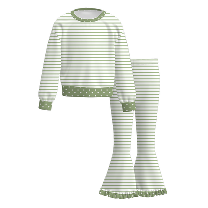 Girls Fall Winter Striped Ruffle Pants Set – Long Sleeve Polka Dot Bell Bottom Outfit