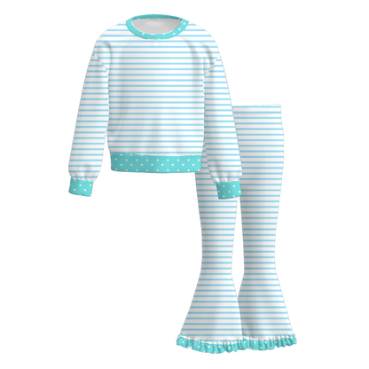 Girls Fall Winter Striped Ruffle Pants Set – Long Sleeve Polka Dot Bell Bottom Outfit