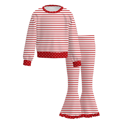 Girls Fall Winter Striped Ruffle Pants Set – Long Sleeve Polka Dot Bell Bottom Outfit