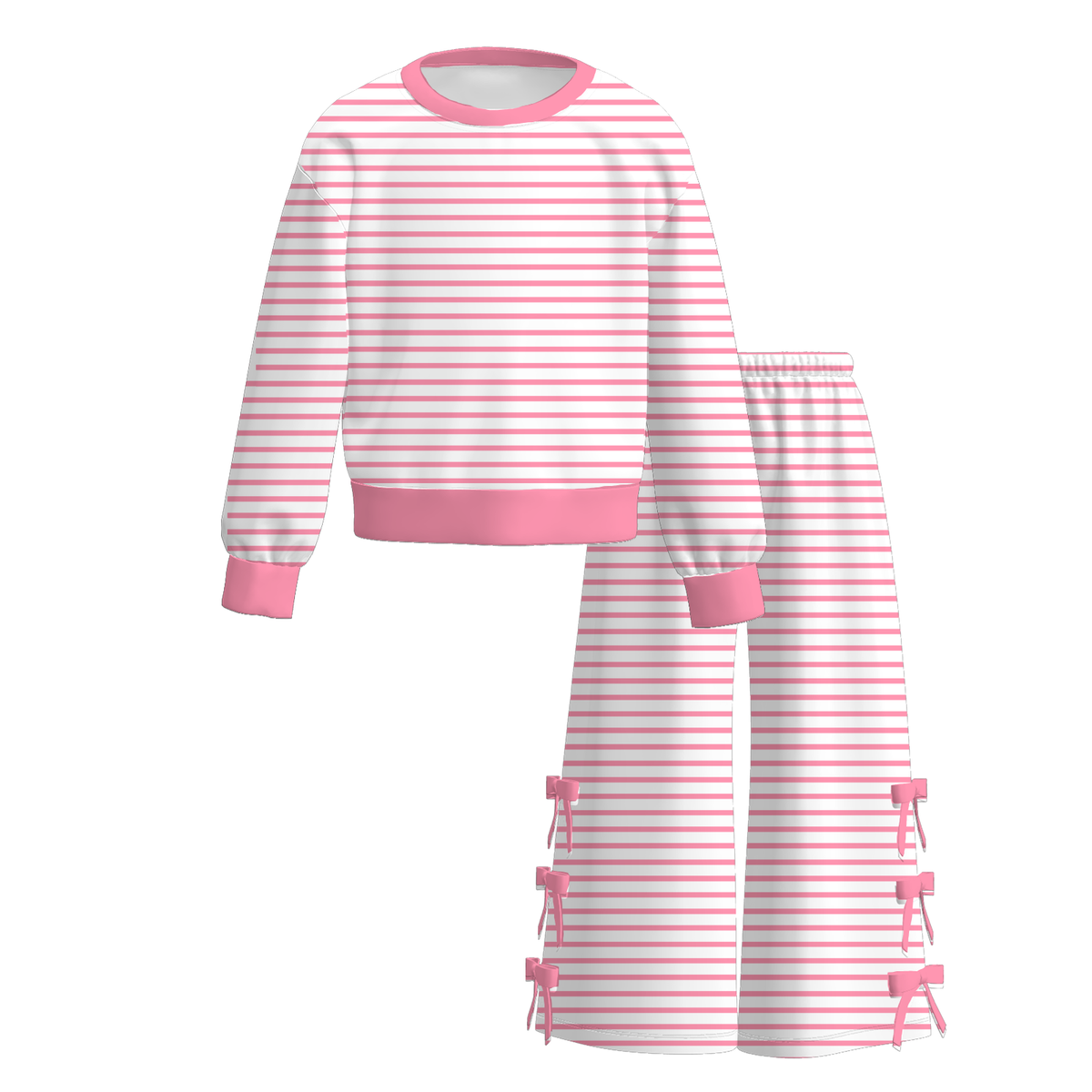 Girls Striped Bow Wide-Leg Pants Set – Long Sleeve Top & Side Bow Pants