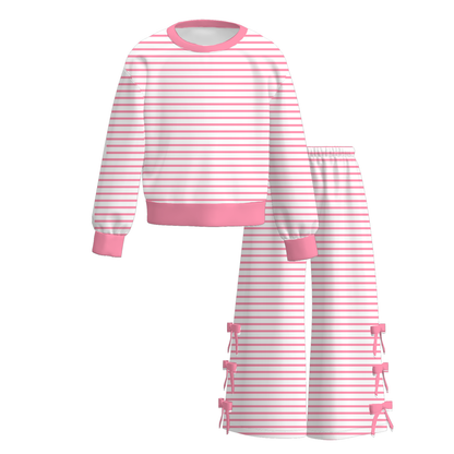 Girls Striped Bow Wide-Leg Pants Set – Long Sleeve Top & Side Bow Pants