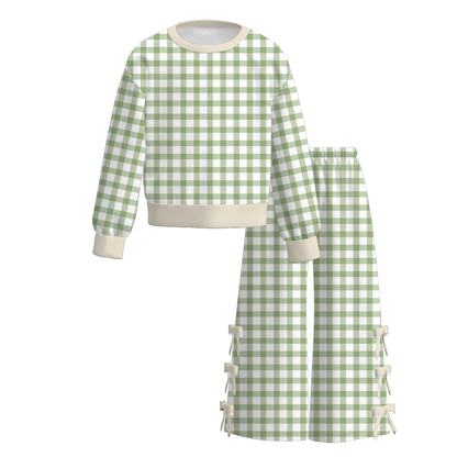 Girls Gingham Bow Wide Leg Pants Set – Long Sleeve Plaid Two Piece Outfit