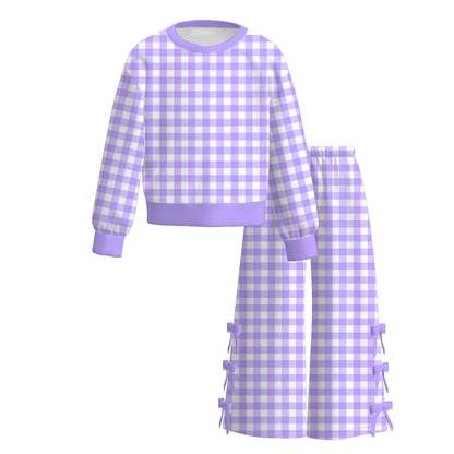Girls Gingham Bow Wide Leg Pants Set – Long Sleeve Plaid Two Piece Outfit