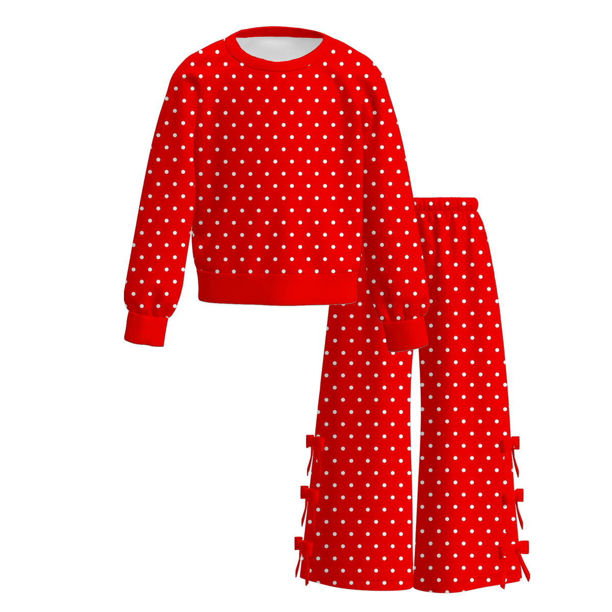 Girls Polka Dot Bow Pants Set – Long Sleeve Top & Wide Leg Pants Outfit