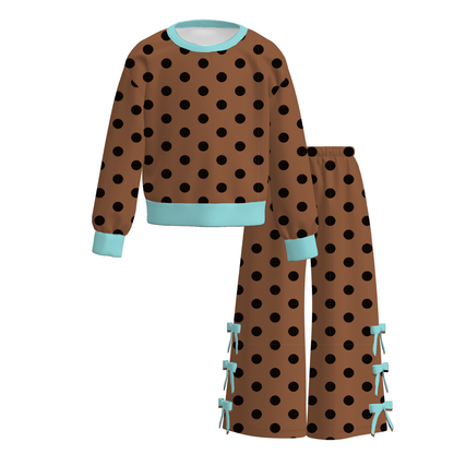 Girls Polka Dot Bow Pants Set – Long Sleeve Top & Wide Leg Pants Outfit