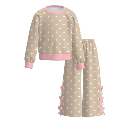 Girls Polka Dot Bow Pants Set – Long Sleeve Top & Wide Leg Pants Outfit