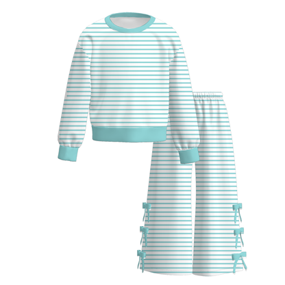 Girls Striped Bow Wide-Leg Pants Set – Long Sleeve Top & Side Bow Pants