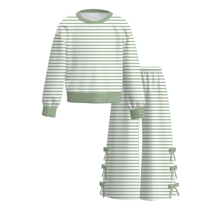 Girls Striped Bow Wide-Leg Pants Set – Long Sleeve Top & Side Bow Pants
