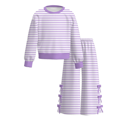 Girls Striped Bow Wide-Leg Pants Set – Long Sleeve Top & Side Bow Pants