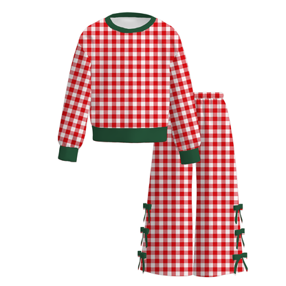 Girls Gingham Bow Wide Leg Pants Set – Long Sleeve Plaid Two Piece Outfit