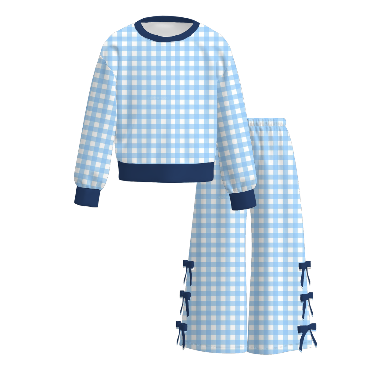 Girls Gingham Bow Wide Leg Pants Set – Long Sleeve Plaid Two Piece Outfit