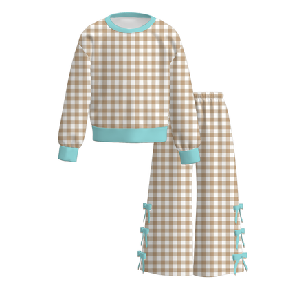 Girls Gingham Bow Wide Leg Pants Set – Long Sleeve Plaid Two Piece Outfit
