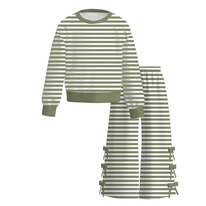 Girls Fall Winter Striped Bow Flare Pants Set – Long Sleeve Two-Piece Boutique Outfit