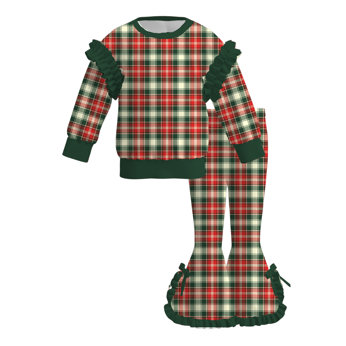 Girls Christmas Plaid Ruffle Pants Set – Holiday Santa Print Long Sleeve Bell Bottom Outfit