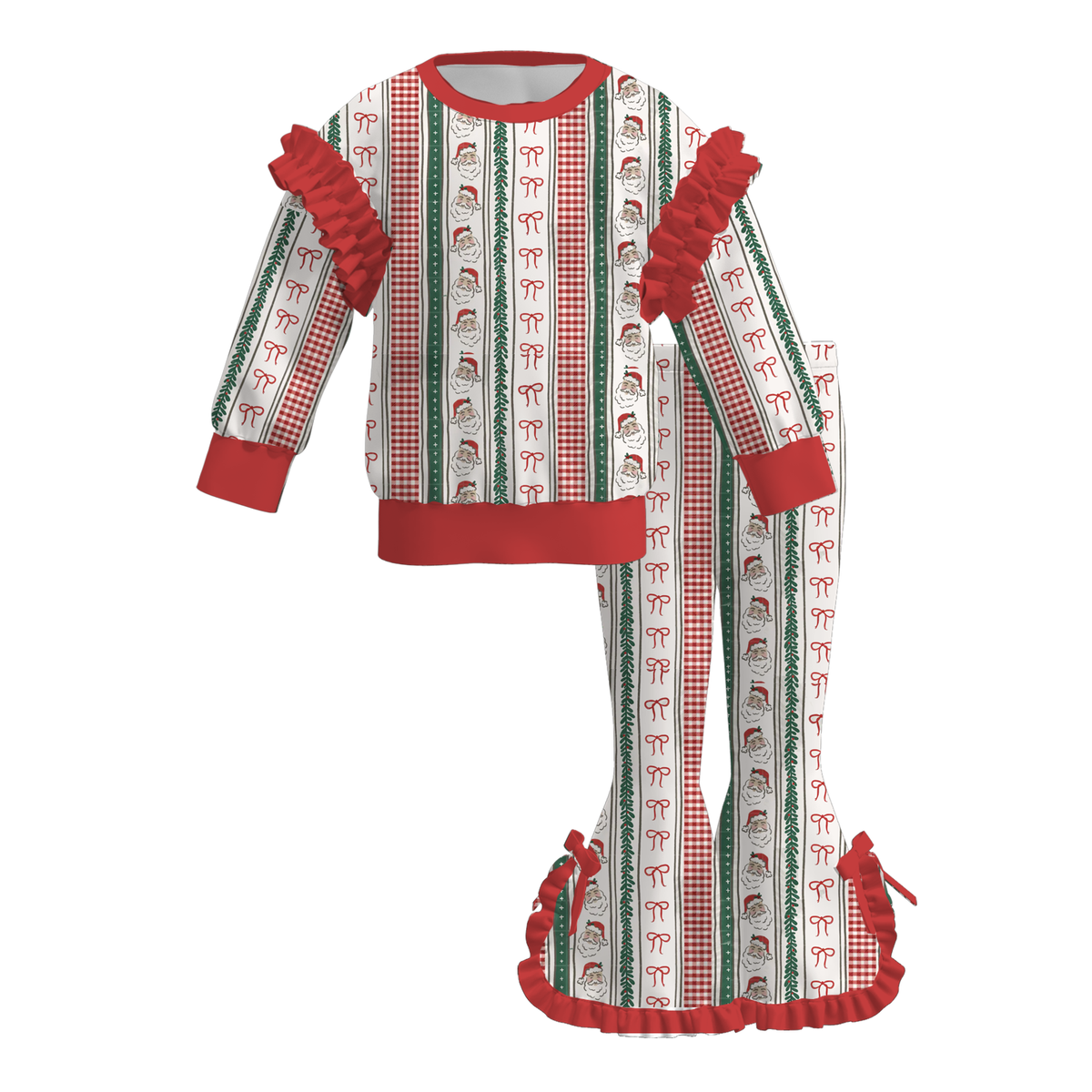 Girls Christmas Plaid Ruffle Pants Set – Holiday Santa Print Long Sleeve Bell Bottom Outfit