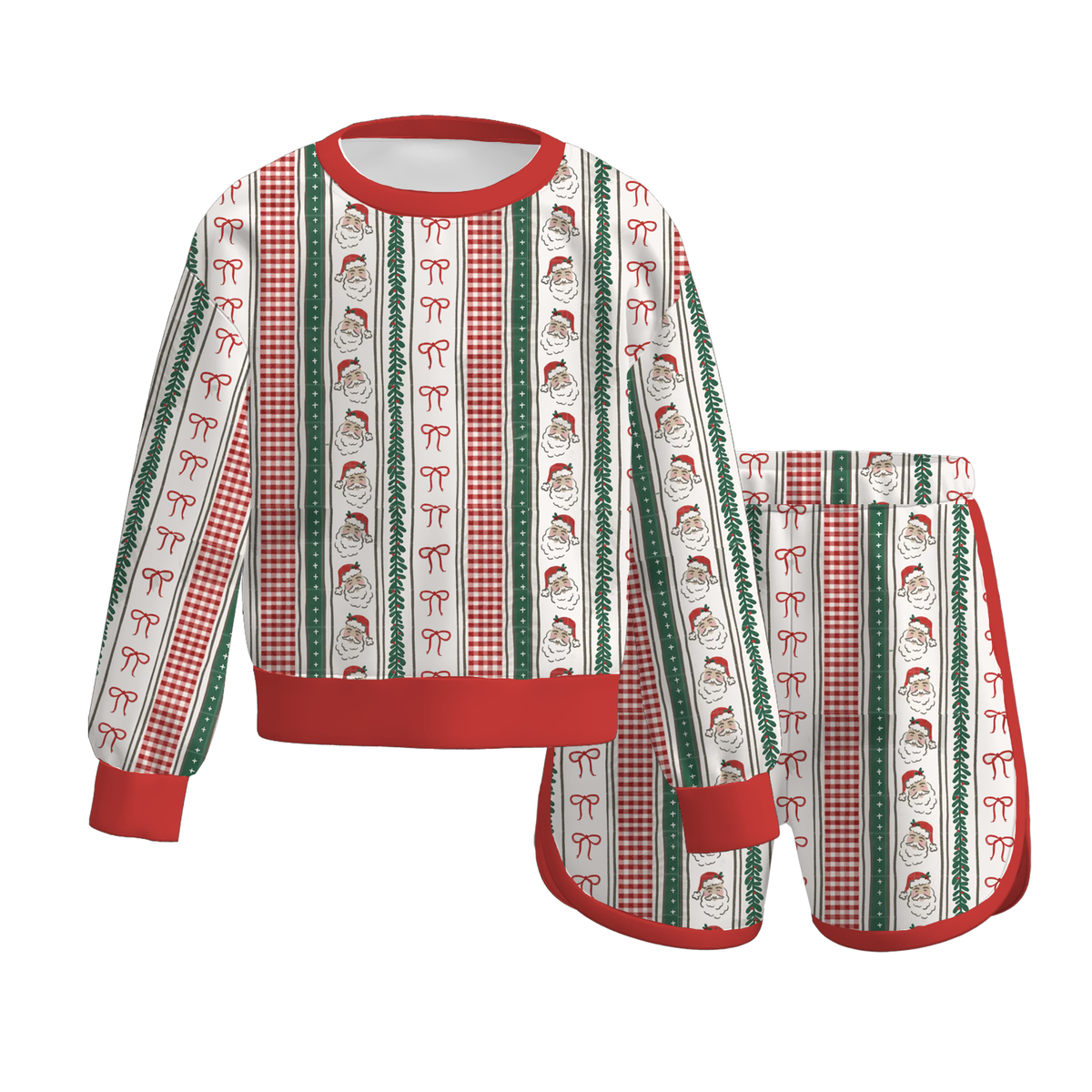 Girls Christmas Long Sleeve Shorts Set – Santa Gingerbread Plaid Holiday Pajama Outfit