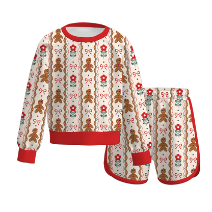 Girls Christmas Long Sleeve Shorts Set – Santa Gingerbread Plaid Holiday Pajama Outfit