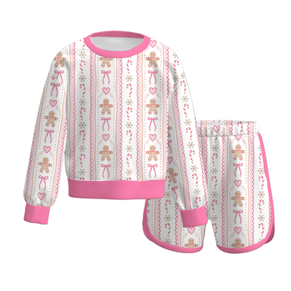 Girls Christmas Long Sleeve Shorts Set – Santa Gingerbread Plaid Holiday Pajama Outfit