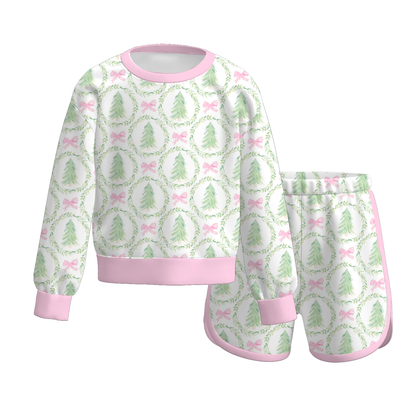 Girls Christmas Long Sleeve Shorts Set – Santa Gingerbread Plaid Holiday Pajama Outfit