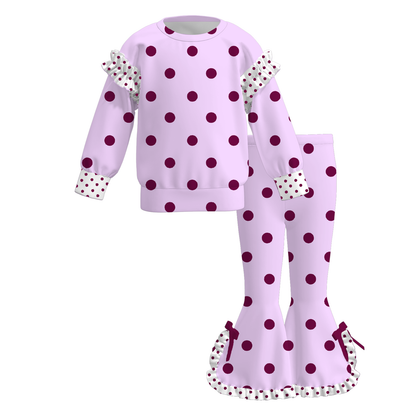 Girls Fall Winter Polka Dot Ruffle Flare Pants Set – Long Sleeve Sweatshirt & Bell Bottom Pants Outfit