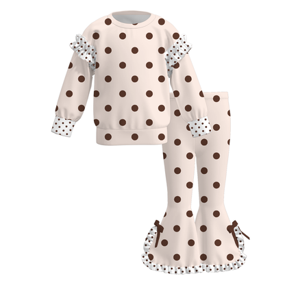 Girls Fall Winter Polka Dot Ruffle Flare Pants Set – Long Sleeve Sweatshirt & Bell Bottom Pants Outfit