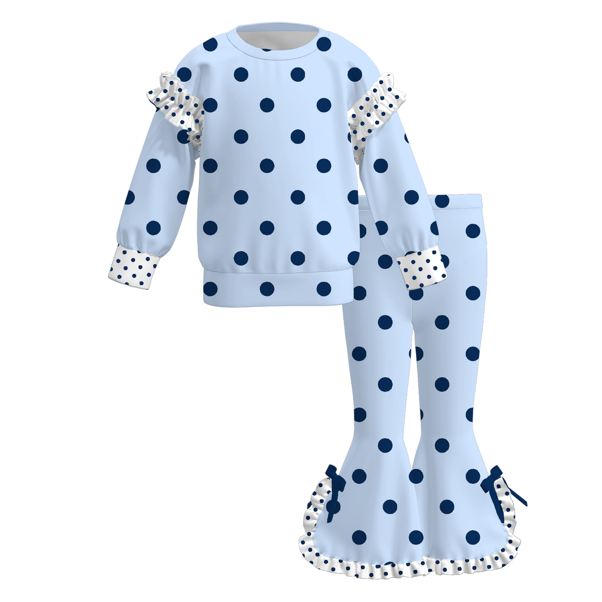 Girls Fall Winter Polka Dot Ruffle Flare Pants Set – Long Sleeve Sweatshirt & Bell Bottom Pants Outfit