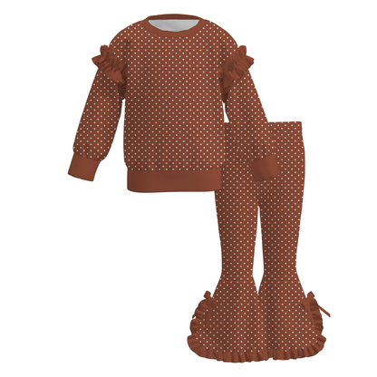 Girls Fall Winter Polka Dot Ruffle Outfit Set – Long Sleeve Top & Bell Bottom Flared Pants