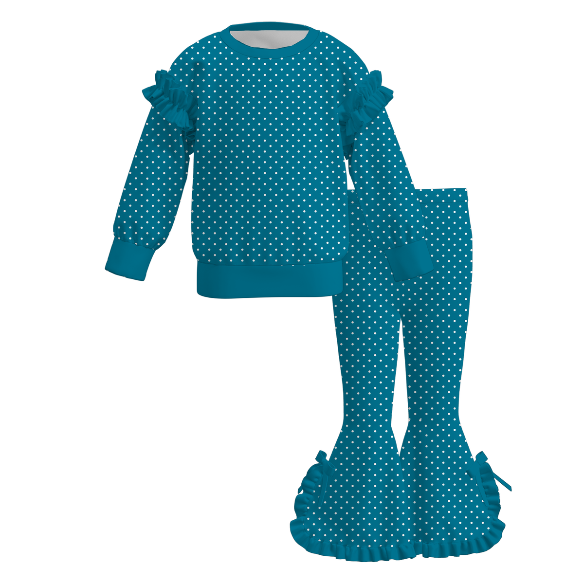 Girls Fall Winter Polka Dot Ruffle Outfit Set – Long Sleeve Top & Bell Bottom Flared Pants